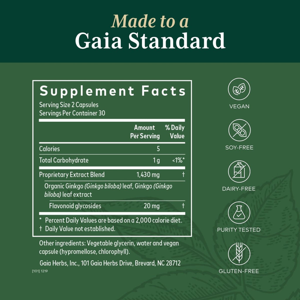 Gaia PRO Ginkgo - Blood Circulation & Brain Supplement - Cognitive Supplement for Brain - with Organic Ginkgo Leaf & Ginkgo Leaf Extract - 60 Vegan Liquid Phyto-Capsules (30 Servings)