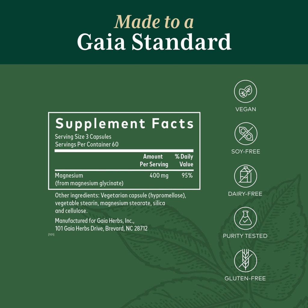 Gaia PRO Magnesium Glycinate 400 - Sleep Support & Stress Relief - Support for Nervousness - with Magnesium - 180 Capsules (60 Servings)