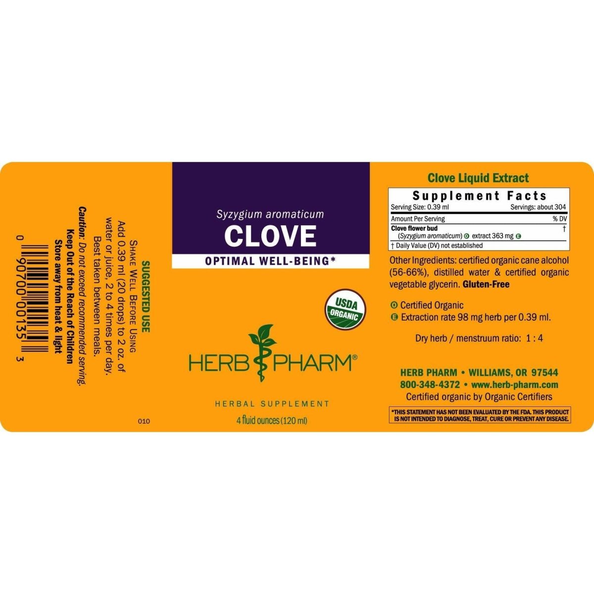 Herb Pharm Certified Organic Clove Liquid Extract - 4 Ounce