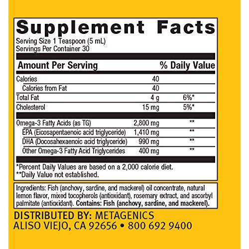 Metagenics OmegaGenics EPA DHA 2400 Liquid Omega 3 Fish Oil Daily Supplement to Help Support Cardiovascular Health and Immune Function - Lemon Flavor, 5 fl oz, 30 Servings