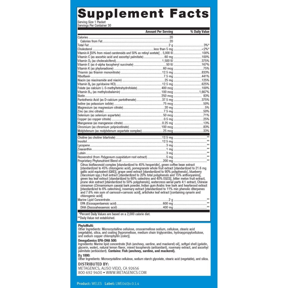 Metagenics - Wellness Essentials, 30 Count