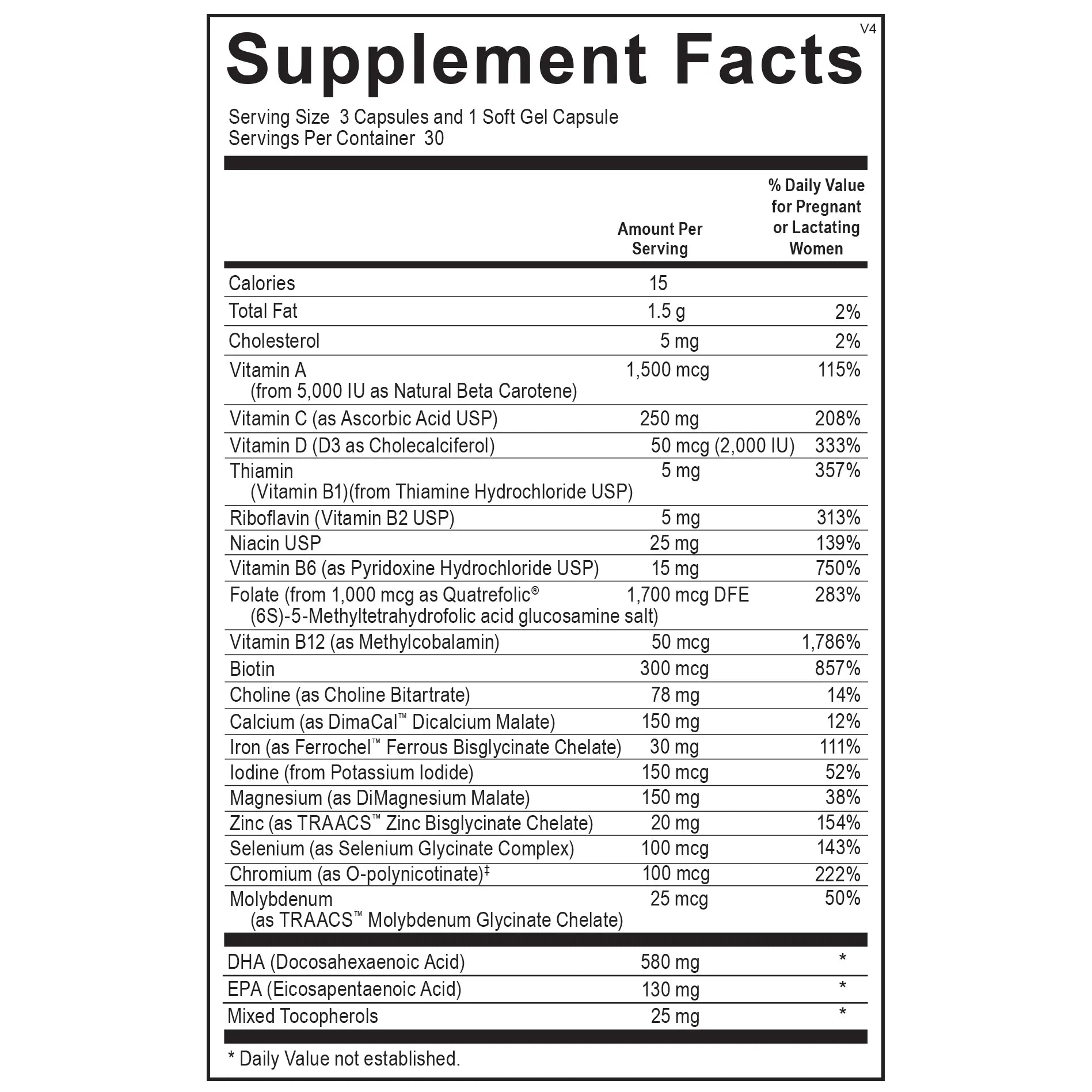 Ortho Molecular - Prenatal Complete with DHA - 30 Day Supply (6 - 15 Capsule and 5 softgel Capsule Packages)