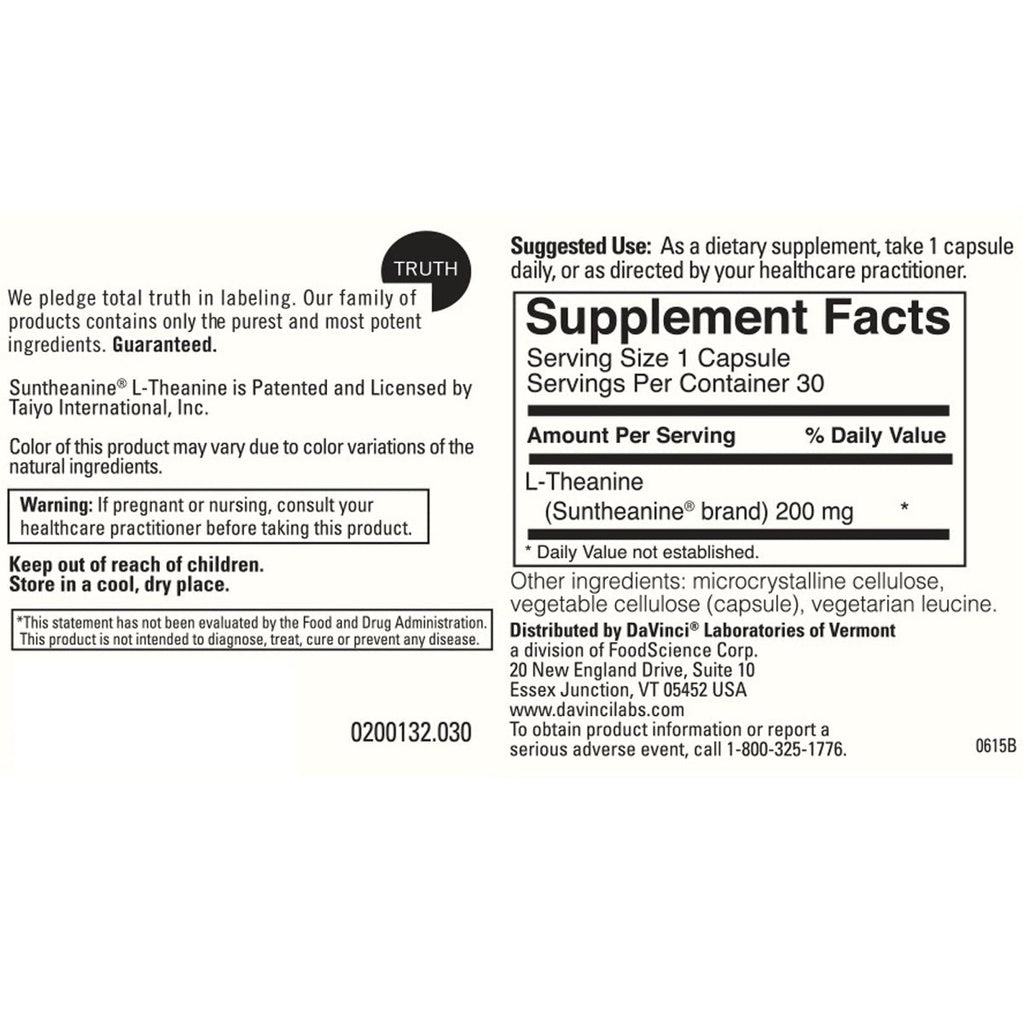 Davinci Laboratories L Theanine 200 mg. 30 Capsules