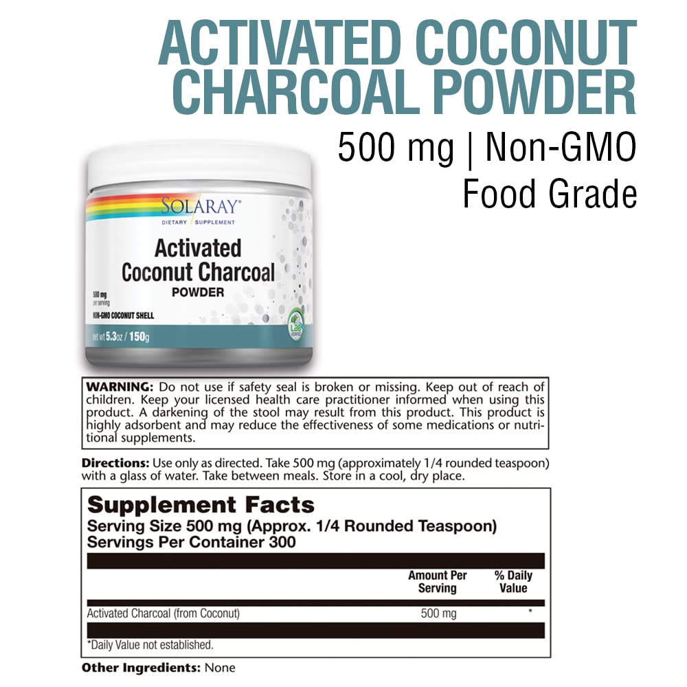 SOLARAY Activated Coconut Charcoal Powder - Support Healthy Cleansing & Digestive Tract in 500 mg, 300 Servings