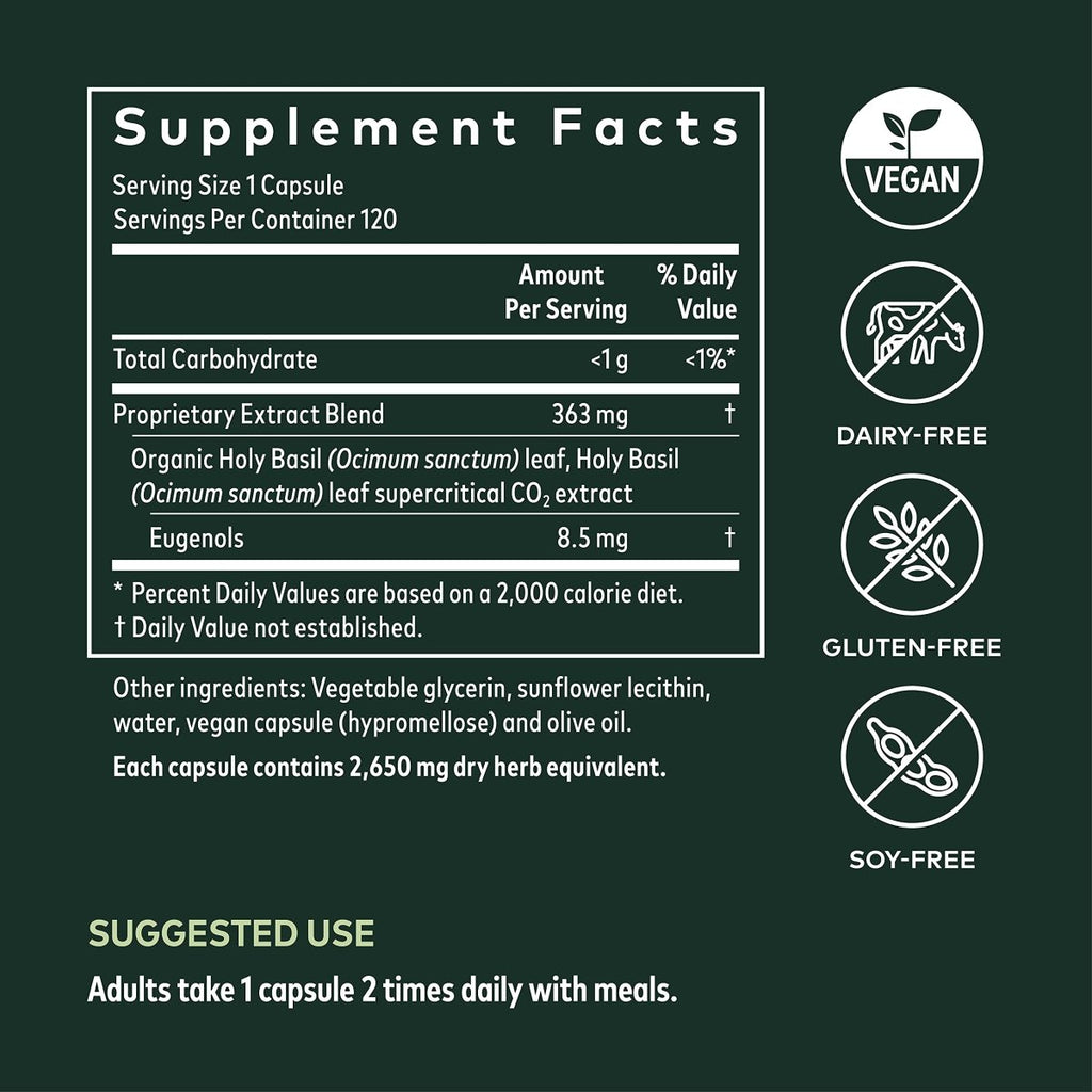 Gaia Herbs Holy Basil Leaf - Helps Sustain a Positive Mindset and Balance in Times of Stress - an Adaptogenic Ayurvedic Herb - 120 Vegan Liquid Phyto-Capsules (60-Day Supply)