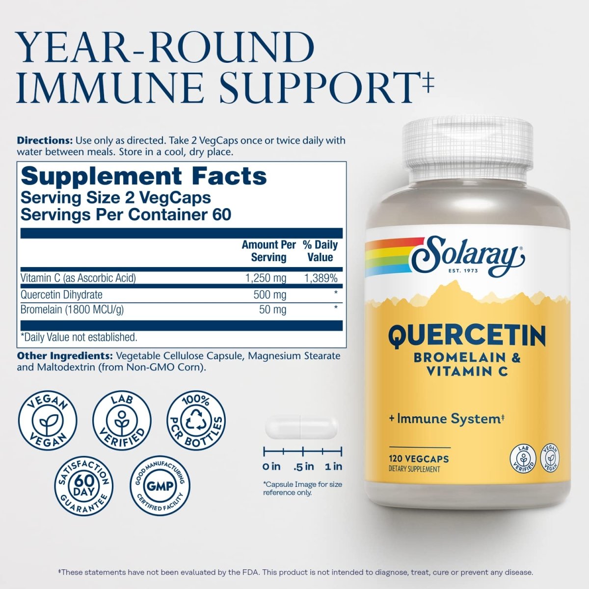 Solaray QBC Plex | Quercetin & Bromelain Plus Vitamin C | Year Round Immune Function & Respiratory Health Support | Non-GMO & Vegan | 120 VegCaps