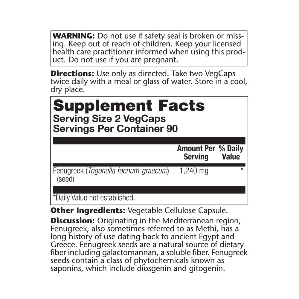 SOLARAY Fenugreek Seed 1240 mg, Healthy Digestion Support and More, Vegan and Lab Verified for Quality, 90 Servings, 180 VegCaps