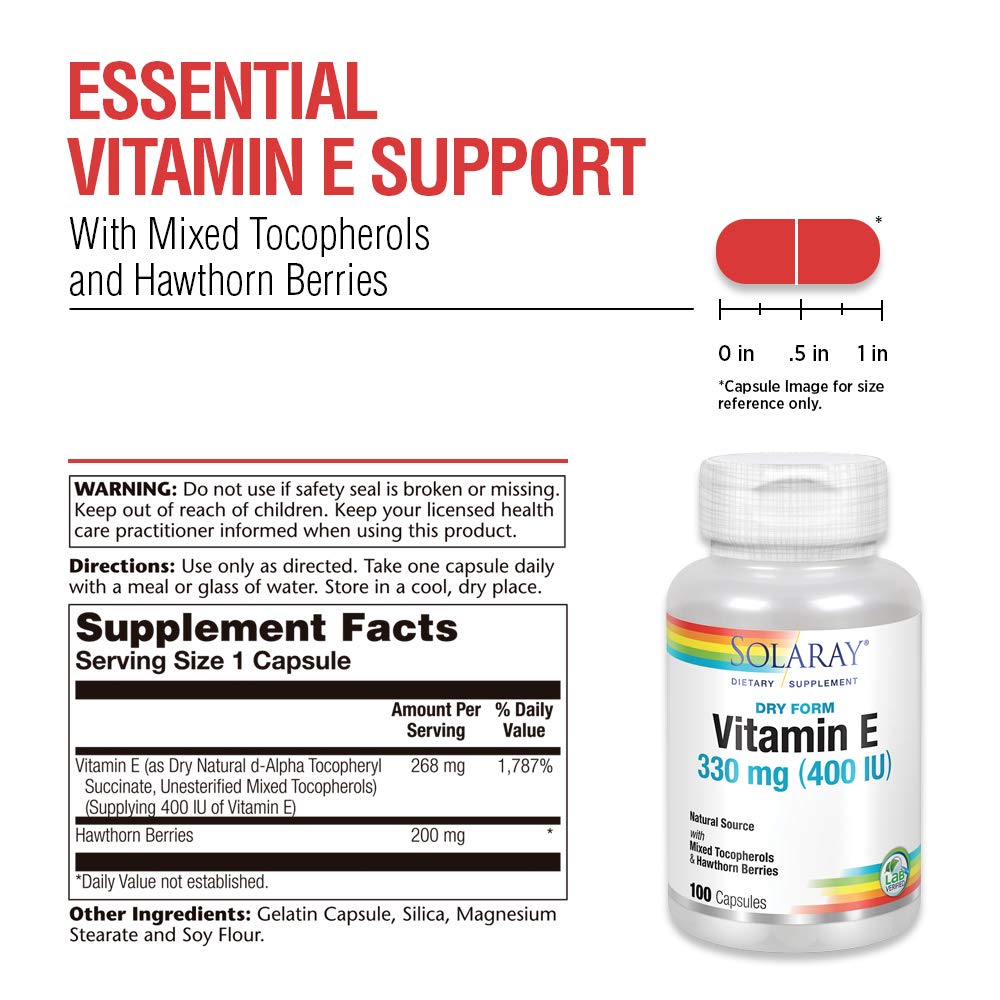 SOLARAY Dry Vitamin E with Hawthorn Berries 330mg (400IU) | Heart & Skin Health, Antioxidant Support, 100ct