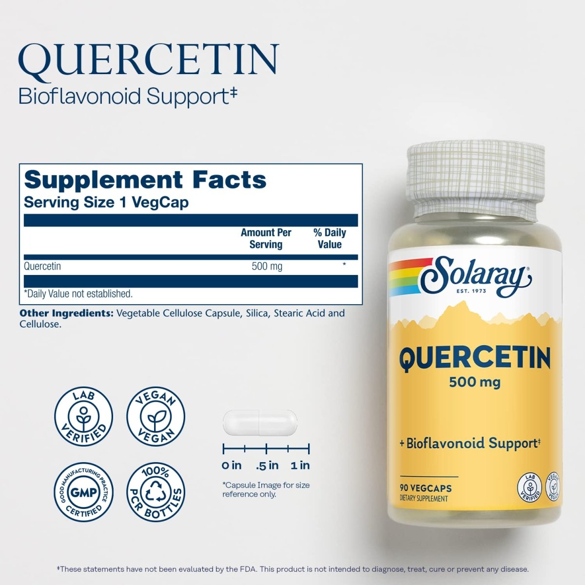 SOLARAY Quercetin 500 mg, Supports Sinus, Respiratory, Immune Function & Normal, Healthy Uric Acid Levels, 90 VegCaps