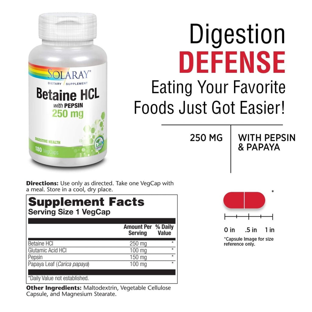 SOLARAY HCL with Pepsin - Digestive Support - 250 MG (180 Capsules)  04816