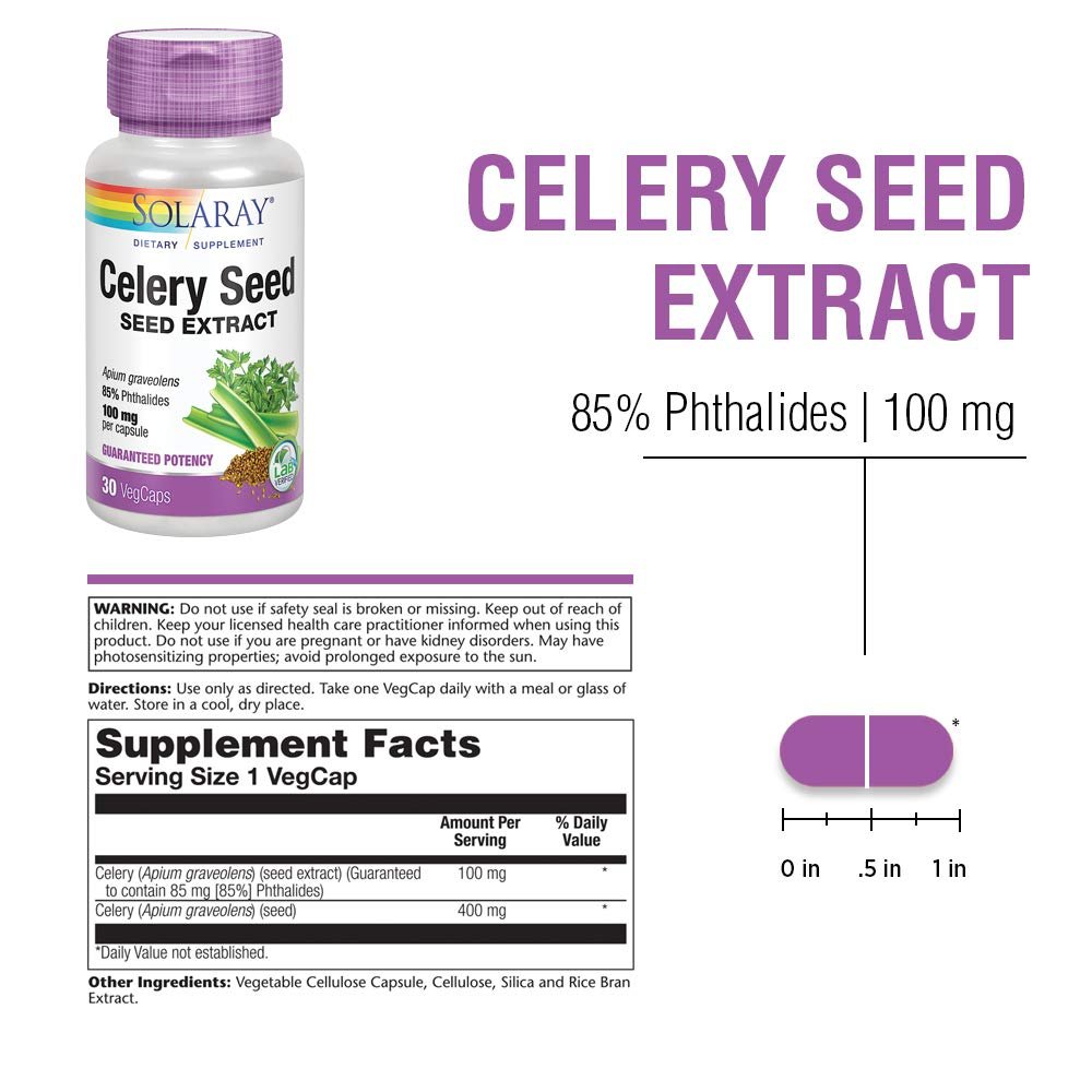 SOLARAY Celery Seed Extract 100 mg | 85% Phthalides | Overall Joint Health Support | Non-GMO, Vegan | 30 VegCaps