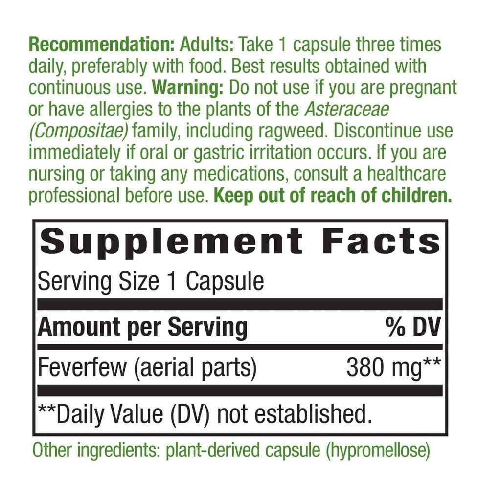 Nature's Way Feverfew Herb, Traditional Blood Vessel Relaxation*, 380 mg, 100 Vegan Capsules