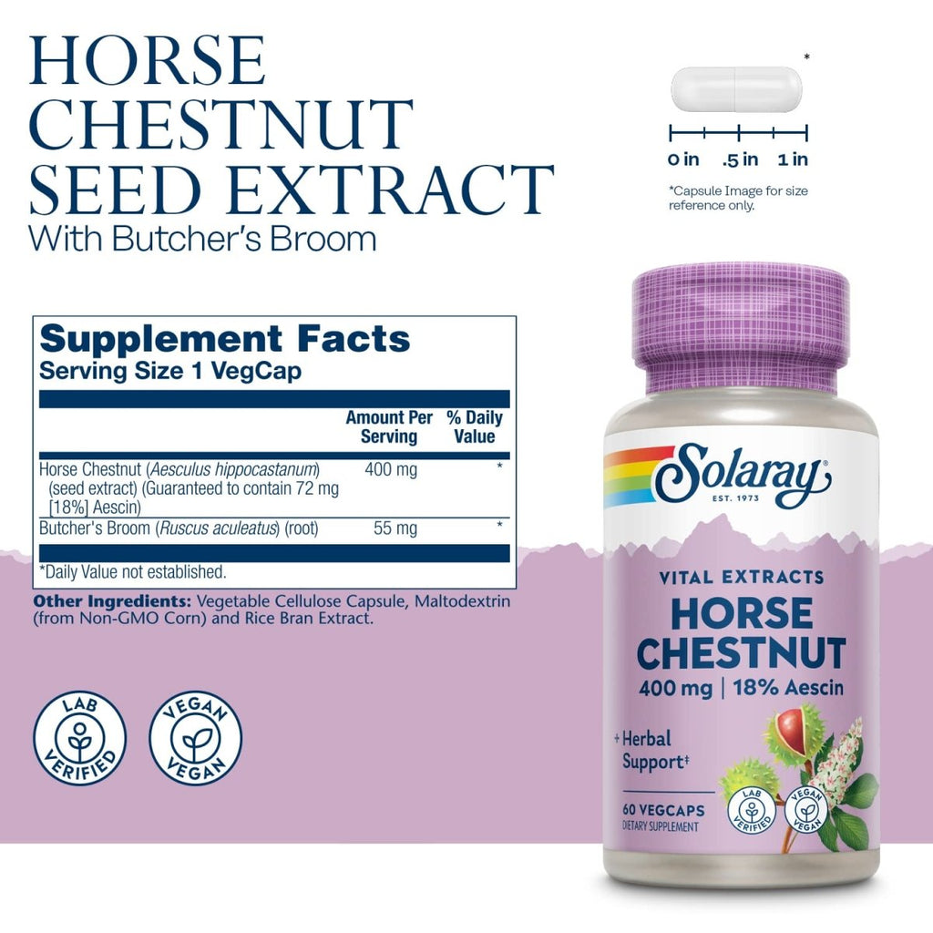 Solaray Horse Chestnut Seed Extract 400mg 72mg of Aescin Per Capsule Leg Vein Health, Blood Vessel Integrity & Health Circulation Support 60ct