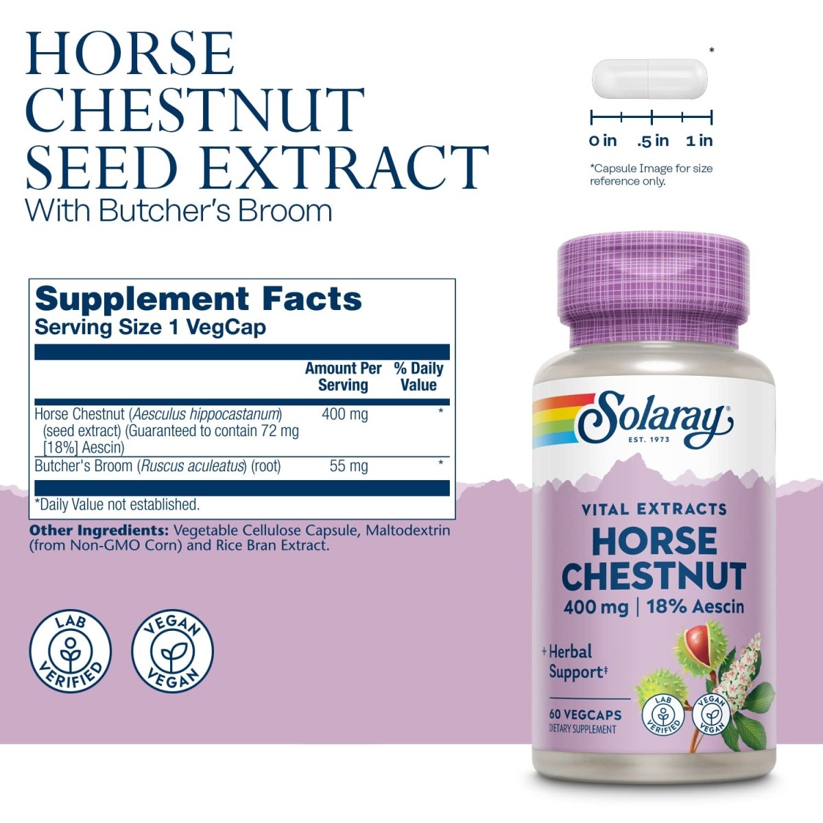 Solaray Horse Chestnut Seed Extract 400mg 72mg of Aescin Per Capsule Leg Vein Health, Blood Vessel Integrity & Health Circulation Support 60ct