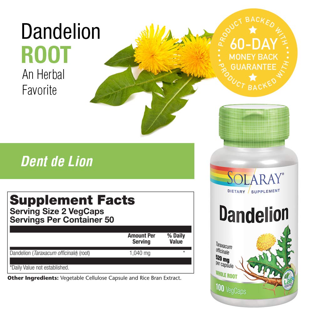 SOLARAY Dandelion Root 1040mg | Healthy Liver, Kidney, Digestion & Water Balance Support | Whole Root | Non-GMO, Vegan & Lab Verified | 100 VegCaps