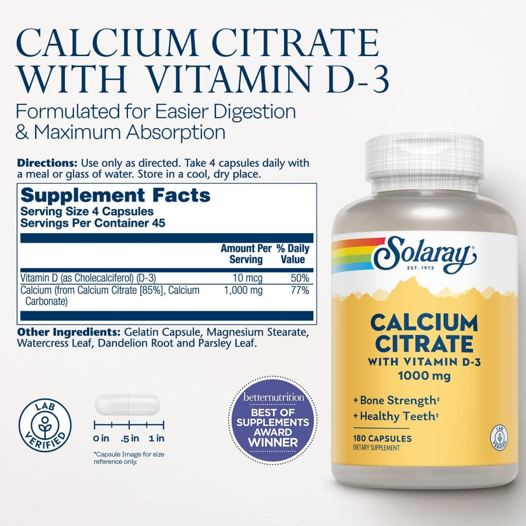 Solaray Calcium Citrate with Vitamin D-3 1000mg | for Healthy Bones & Teeth, Cardiovascular, Muscle & Nerve Function | Enhanced Absorption | 180 Ct