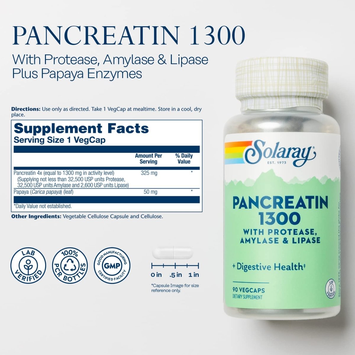 SOLARAY Pancreatin 1300 | Pancreatic Digestive Enzymes Plus Papaya for Healthy Digestion Support | 90 VegCaps, 90 Serv.
