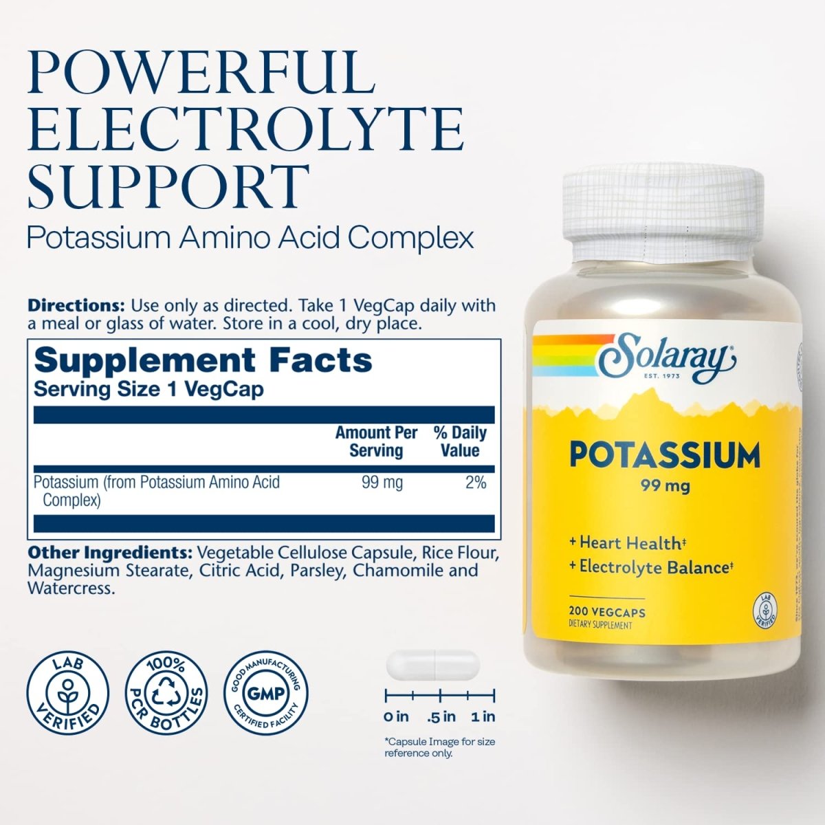 Solaray Potassium 99mg - Essential Mineral for Fluid & Electrolyte Balance - Heart, Nerve & Muscle Support - 200 Capsules