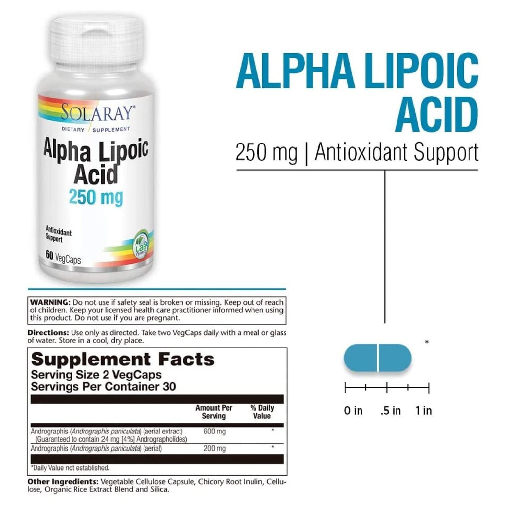 SOLARAY Alpha Lipoic Acid 250 mg - 60 VegCaps - Healthy Antioxidant Activity & Energy Support - Non-GMO & Vegan