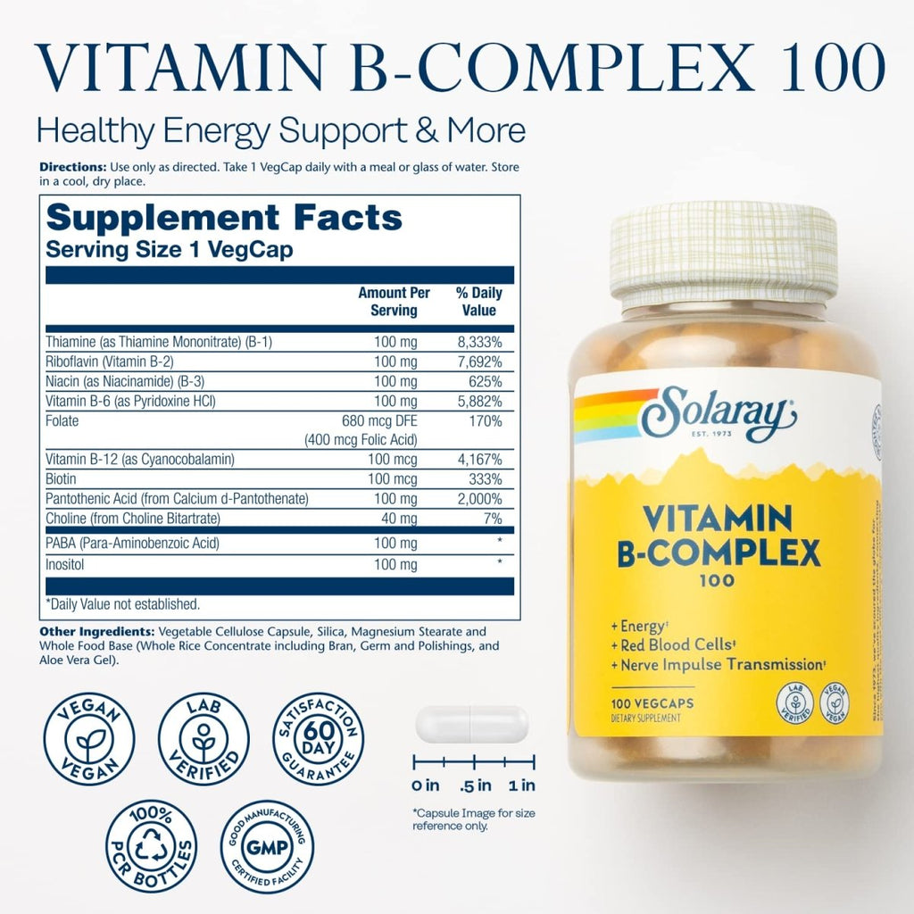 SOLARAY Vitamin B-Complex 100 mg - Vital Support for Energy, Blood Cells & Nerves - 100 VegCaps (100 Count)