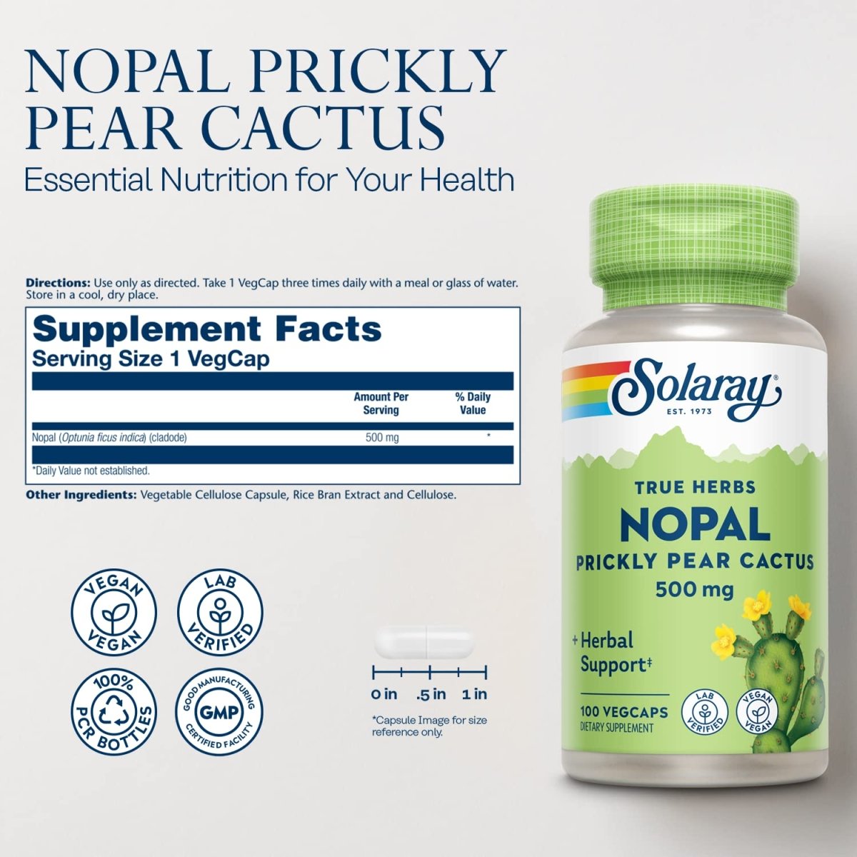 Solaray Nopal Prickly Pear Cactus 500 mg, with Naturally Occurring Dietary Fiber, Antioxidants, Carotenoids and Other Nutrients, Vegan, 60 Day Money Back Guarantee, 100 Servings, 100 VegCaps