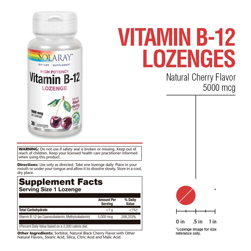 SOLARAY Vitamin B-12 5000mcg Lozenges | Natural Cherry Flavor | Healthy Energy & Nerve Function Support | 30ct