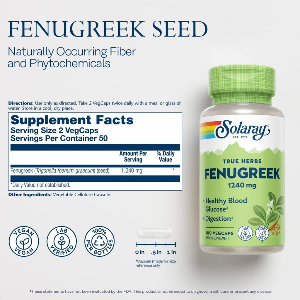 SOLARAY Fenugreek Seed 1240 mg, Healthy Digestion Support and More, Vegan and Lab Verified for Quality, 50 Servings, 100 VegCaps