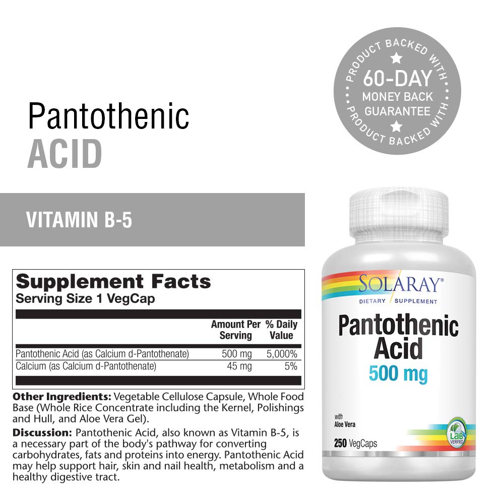 SOLARAY Pantothenic Acid 500mg Vitamin B-5 for Coenzyme-A Production & Energy Metabolism for Hair, Skin, Nails & Digestive Support 250 VegCaps
