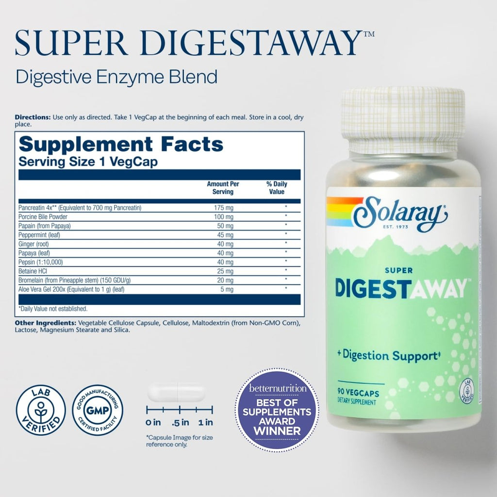 Solaray Super Digestaway Digestive Enzymes - Support for Digestion & Nutrient Absorption - 90 VegCaps   04801
