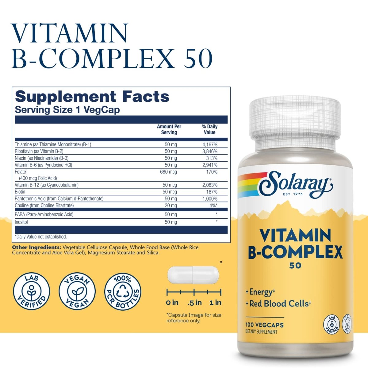 Solaray B-Complex 50mg - Comprehensive B-Vitamin Support for Energy and Overall Well-Being - 100 Count