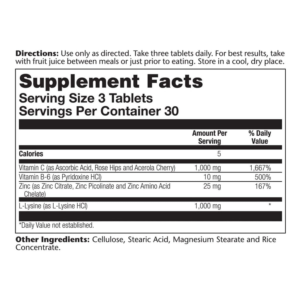Solaray L-Lysine - 90 Tablets - Tissue & Immune System Support - Vegan, Non-GMO - 30 Servings