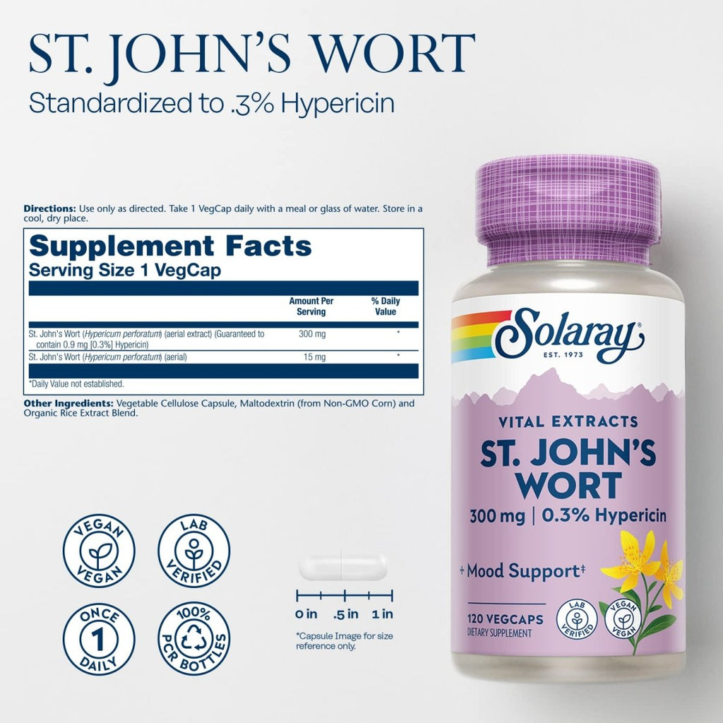 SOLARAY St John?s Wort Aerial Extract 300 mg, 0.3% Hypericin, Mood & Brain Health Support, Vegan & Lab Verified for Quality, 120 Servings, 120 VegCaps