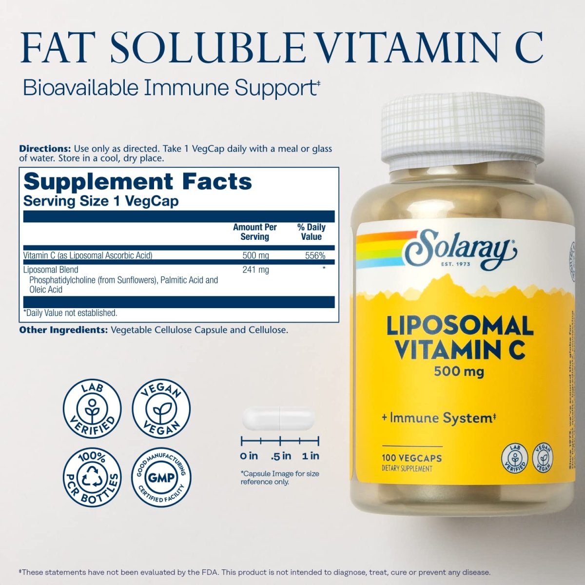 Solaray Liposomal Vitamin C 500 mg Healthy Immune System, Collagen Synthesis & Antioxidant Support Buffered w/Fatty Acids 100 VegCaps
