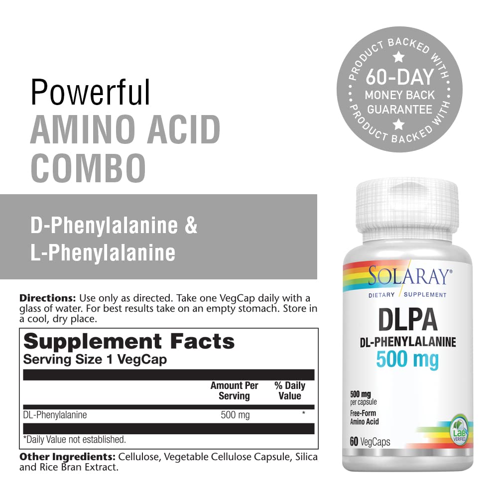 SOLARAY DL-Phenylalanine, 500mg | 50-50 Blend of Essential Amino Acids for Nervous System, Mood & Energy Support | 60 VegCaps