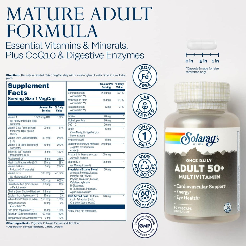 SOLARAY Once Daily Adult 50+ Multivitamin Healthy Energy, Heart & Immune Support for Mature Adults 90 CT