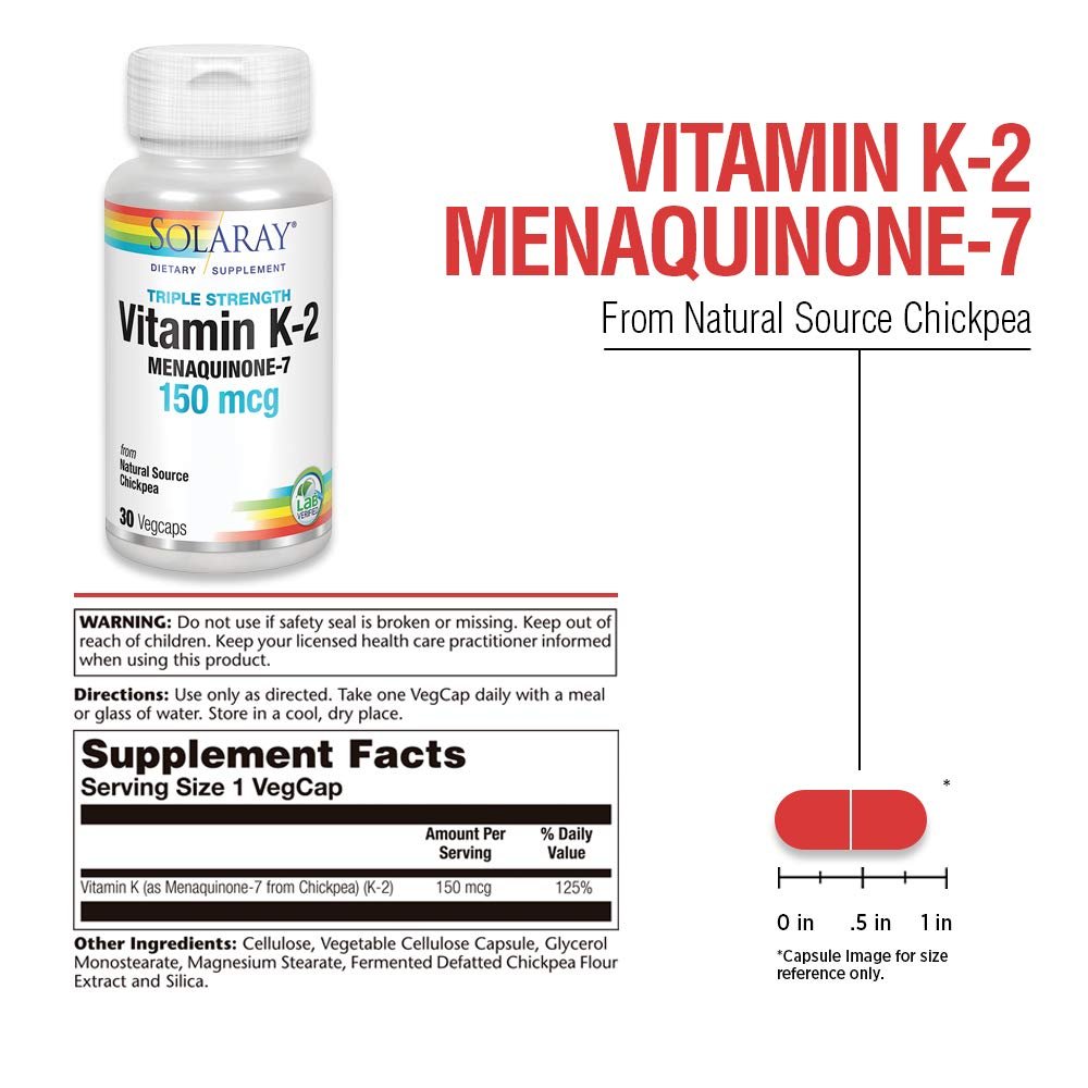 SOLARAY Triple Strength Vitamin K-2 as MK-7, 150 mcg | Heart & Bone Health, Vascular Function Support | 30ct