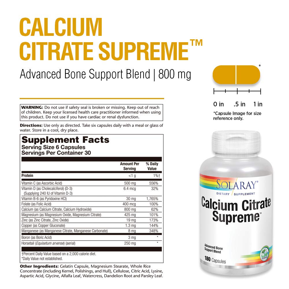 Solaray Calcium Citrate Supreme 800mg Advanced Bone Support Blend | Gentle Digestion Formula | 30 Servings | 180 VegCaps  04529