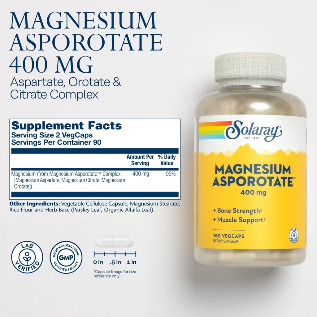Solaray Magnesium Asporotate 400 mg | Aspartate, Orotate & Citrate Complex | Healthy Heart, Muscle, Nerve & Circulatory Function Support | 180 VegCaps