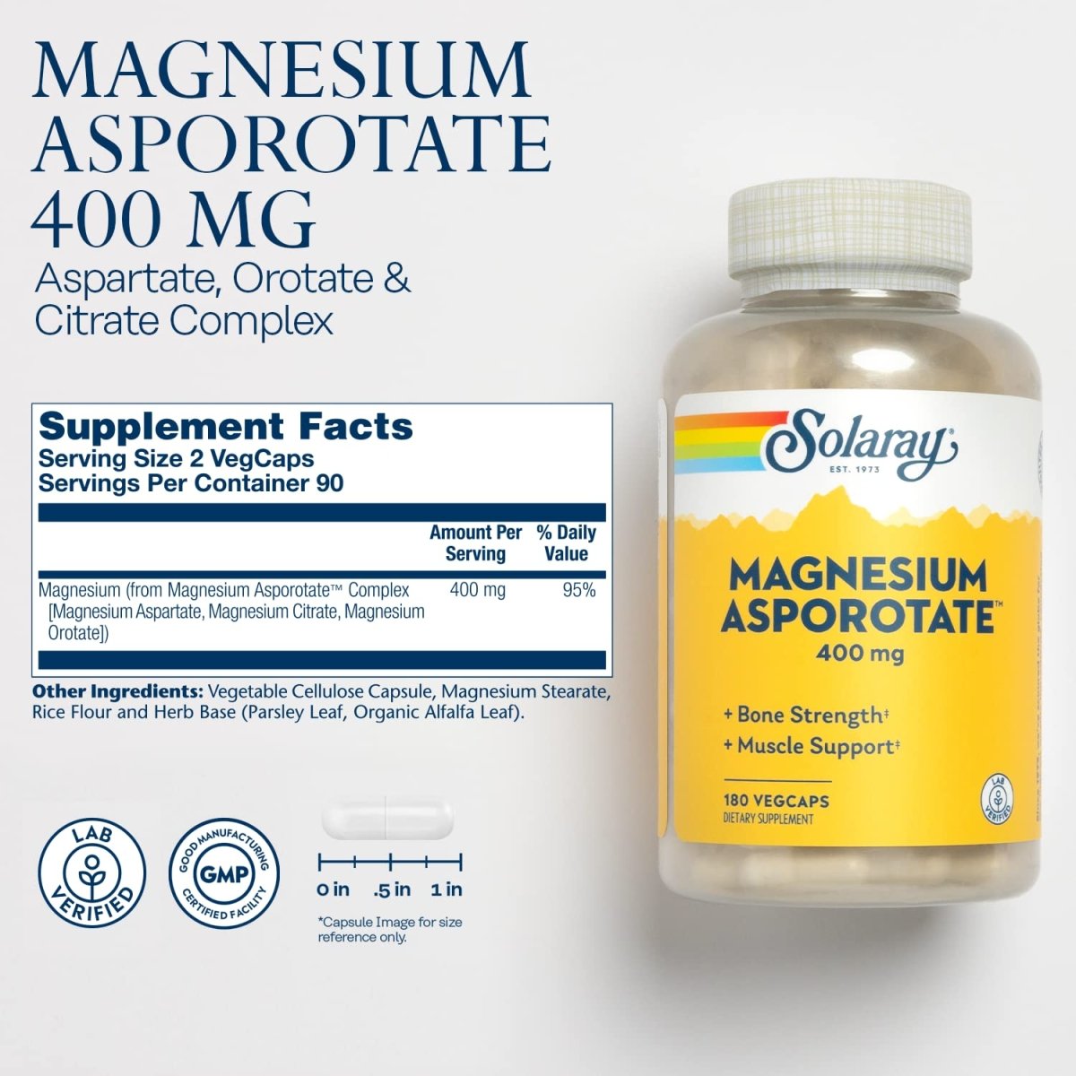 Solaray Magnesium Asporotate 400 mg | Aspartate, Orotate & Citrate Complex | Healthy Heart, Muscle, Nerve & Circulatory Function Support | 180 VegCaps