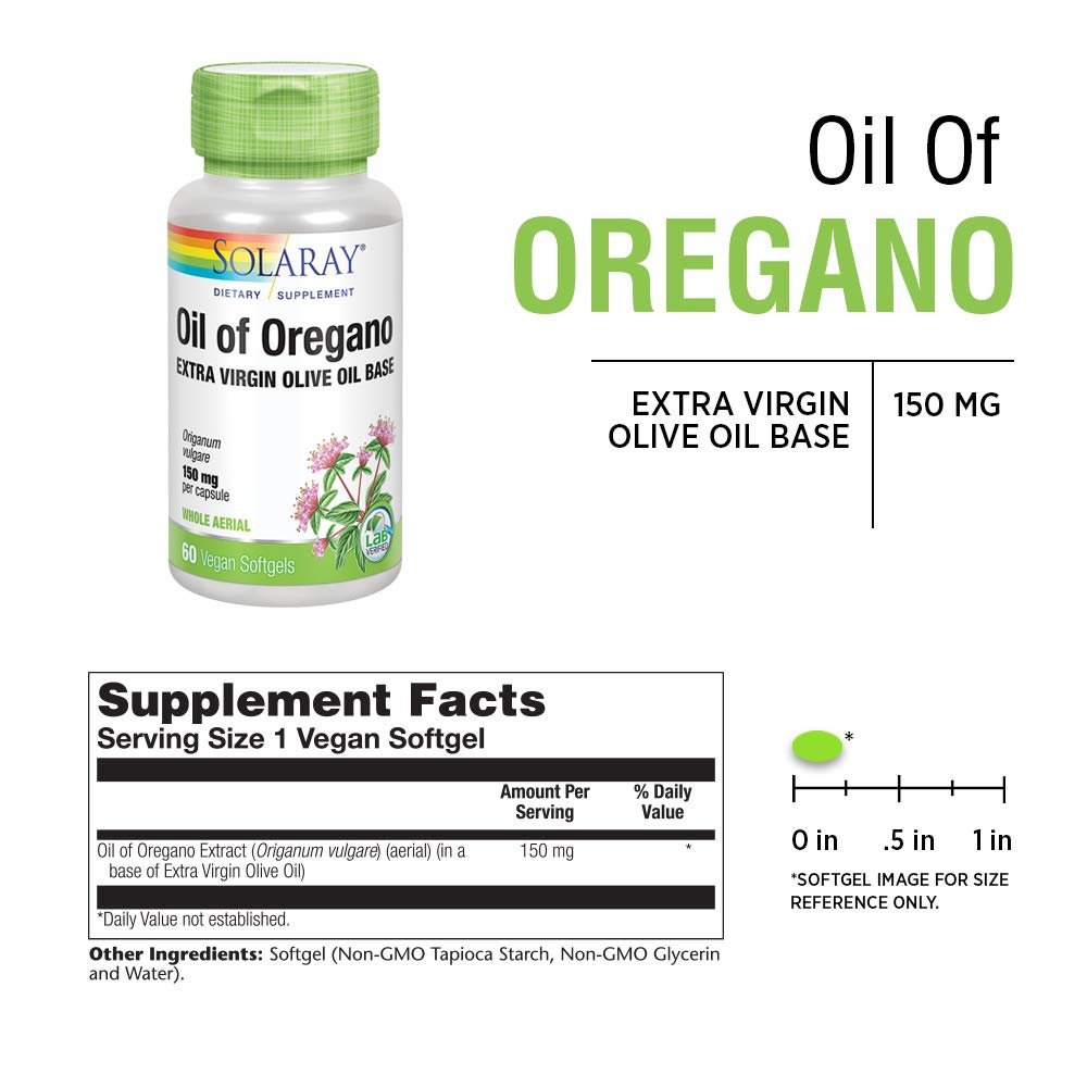 SOLARAY Oil of Oregano 150 mg | Extra Virgin Olive Oil Base | Whole Aerial | Healthy Immune & Intestinal Flora Support | Vegan & Non-GMO | 60 Softgels