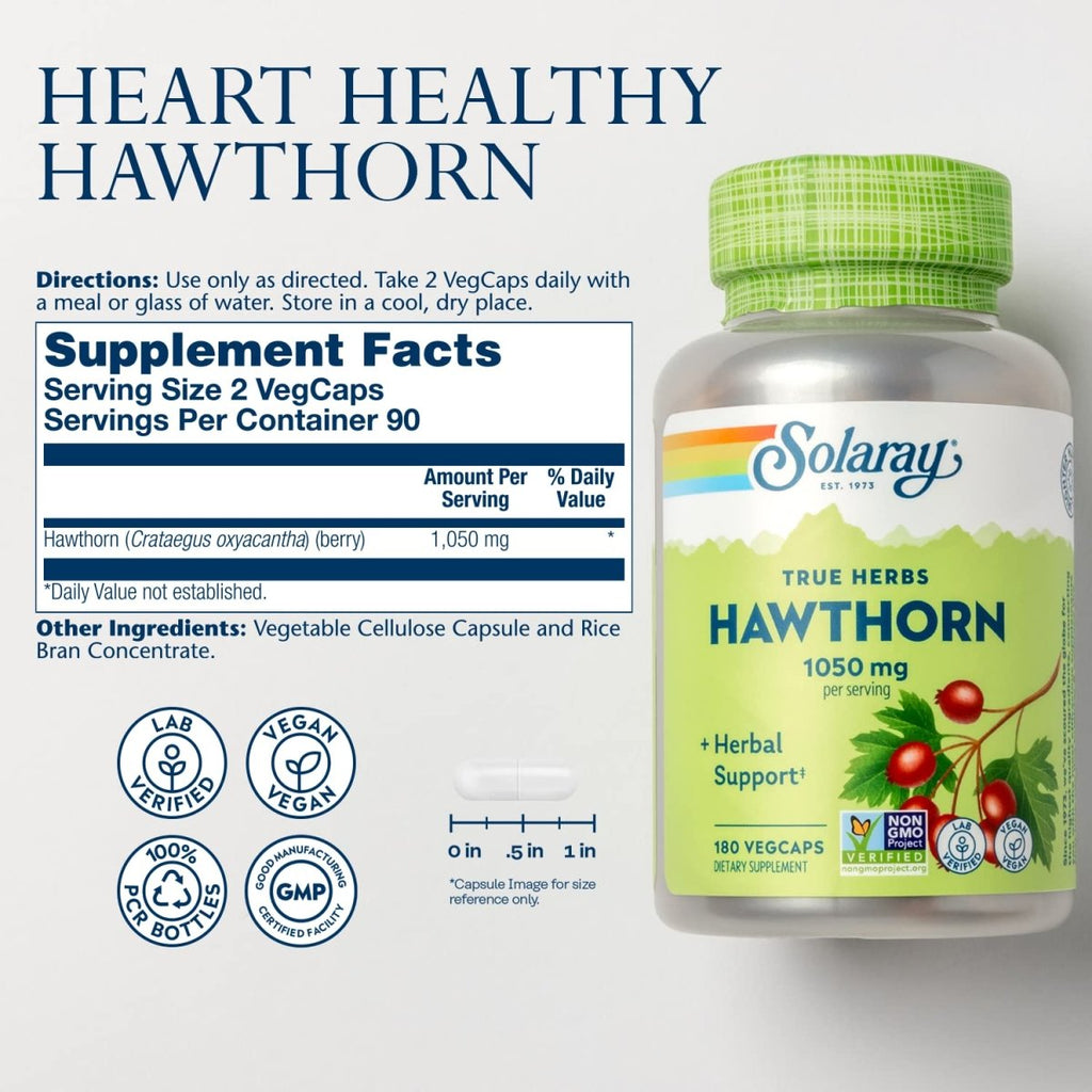 SOLARAY Hawthorn Berry 525mg - Healthy Cardiovascular Function & Circulation Support - Whole Berry - Non-GMO & Vegan - 180 VegCaps