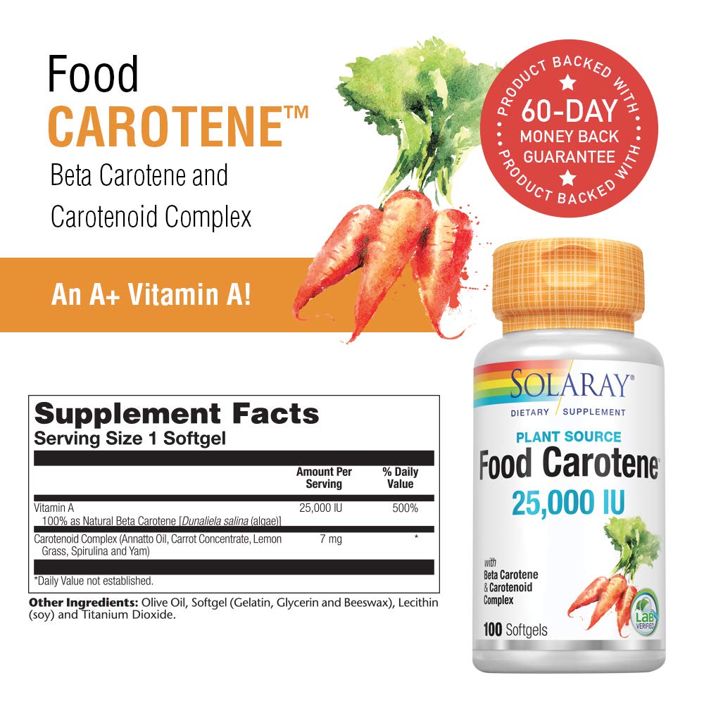 SOLARAY Food Carotene 7500mcg (25000 IU) - Beta Carotene Vitamin A Supplement - Wellness and Immune Support Supplement, Potent Eye Vitamins and Skin Food, Plant Sourced, 60-Day Guarantee, 100 Softgels