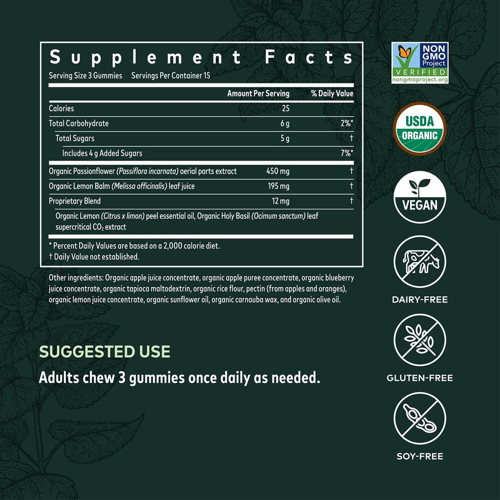 Gaia Herbs Organic Relax Gummies, Stress Relief, Anti-Stress Support, Holy Basil, Lemon Balm, Passionflower, USDA Certified Organic, Non-GMO, Gluten Free, Vegan, 45 Count (Pack of 1)