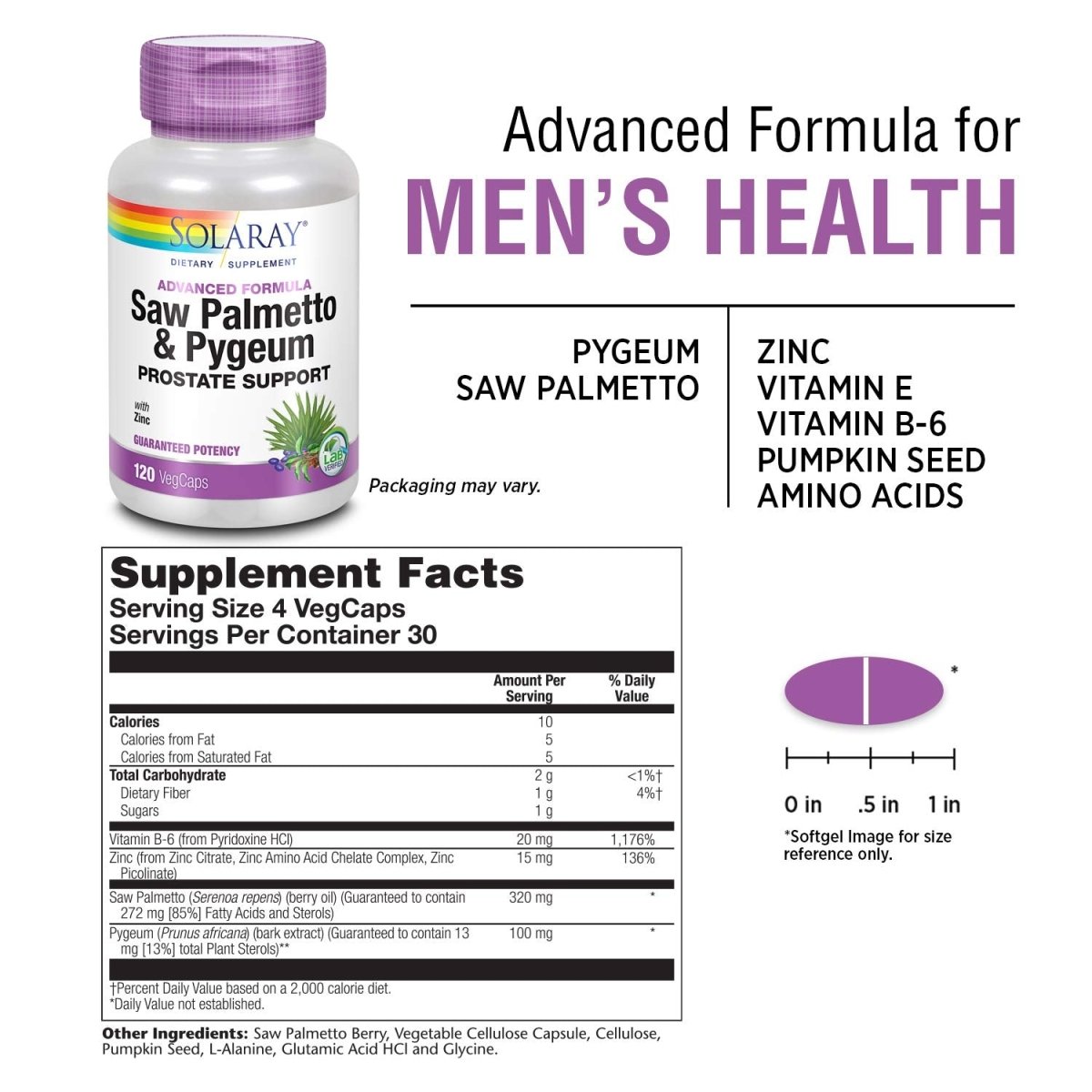 SOLARAY Pygeum and Saw Palmetto Berry Extracts, Mens Health & Prostate Function Support, Zinc, B-6, Pumpkin Seed & Amino Acids 240 VegCaps (120 VegCaps)