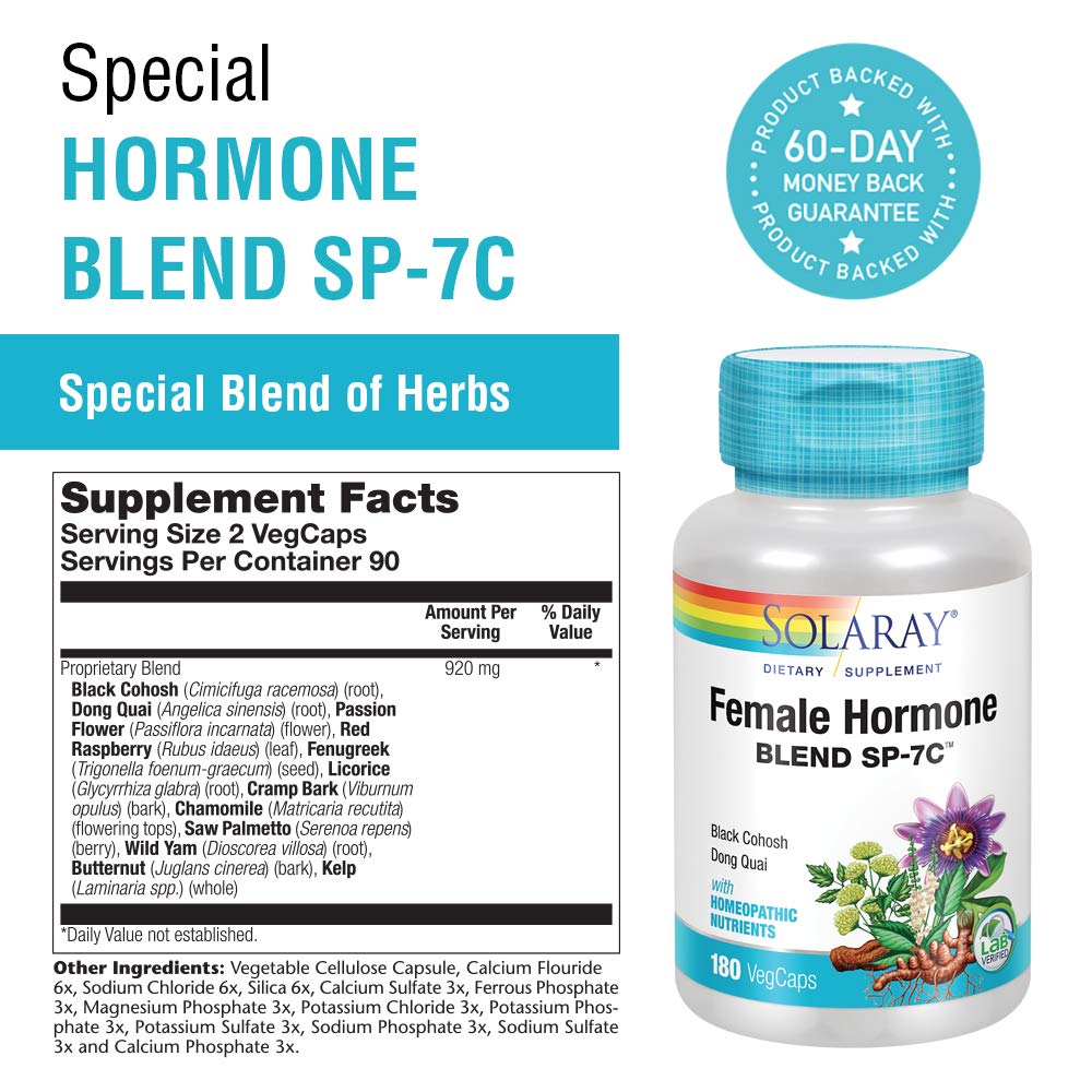 SOLARAY Female Hormone Blend SP-7C, Herbal Blend Includes Black Cohosh, Dong Quai, Passion Flower, Saw Palmetto, Wild Yam & More 180 VegCaps