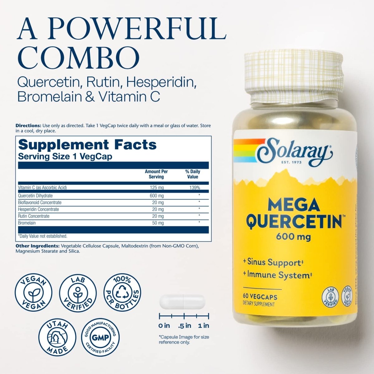 SOLARAY Mega Quercetin Healthy Cells, Heart, Circulatory & Respiratory System Support Bioflavonoids & AMPK Activator Non-GMO, Vegan 60 VegCaps