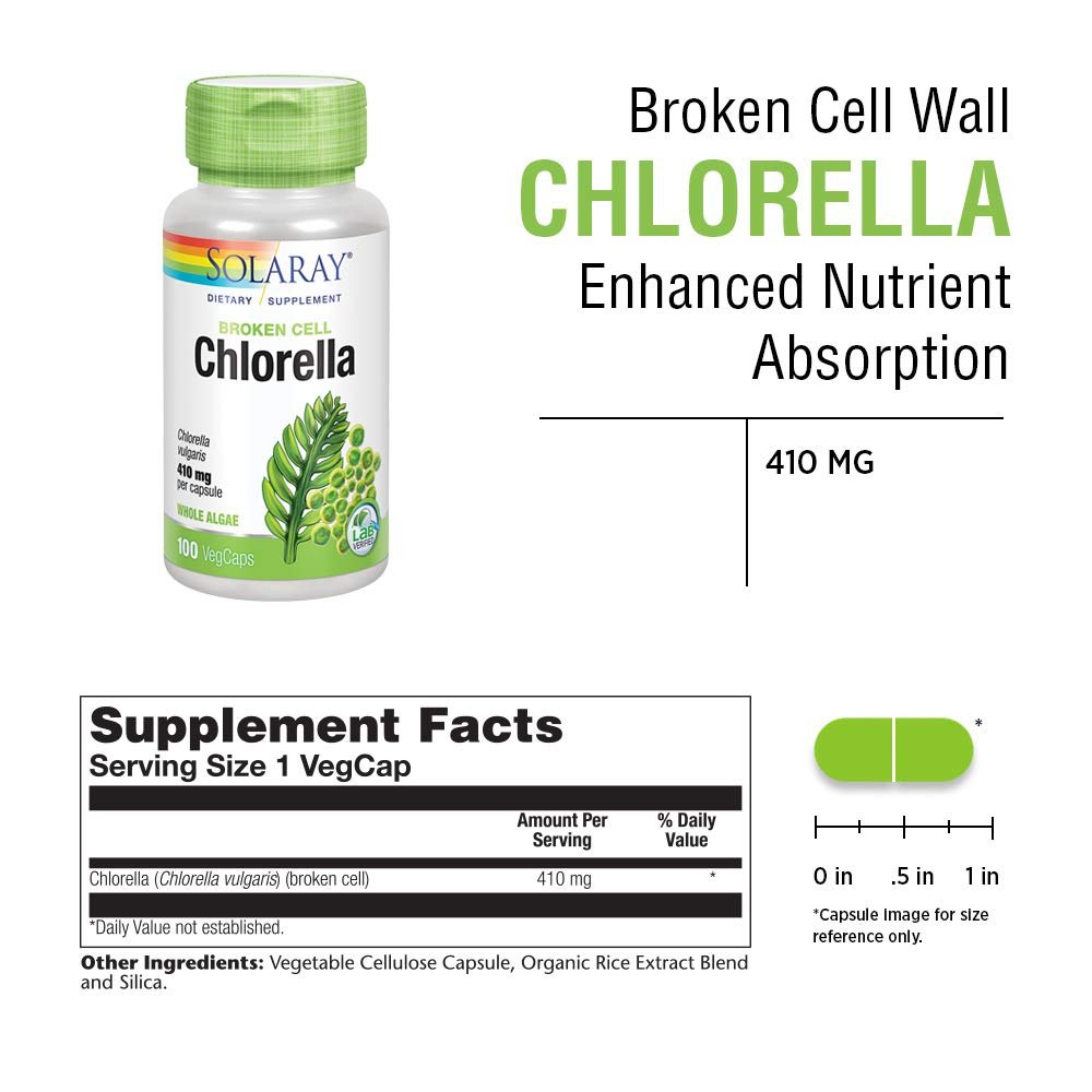 SOLARAY Broken Cell Chlorella 410 mg | Nutrient-Rich Superfood w/Naturally Occurring Protein, Vitamins, Minerals, Chlorophyll | Non-GMO | 100 VegCaps