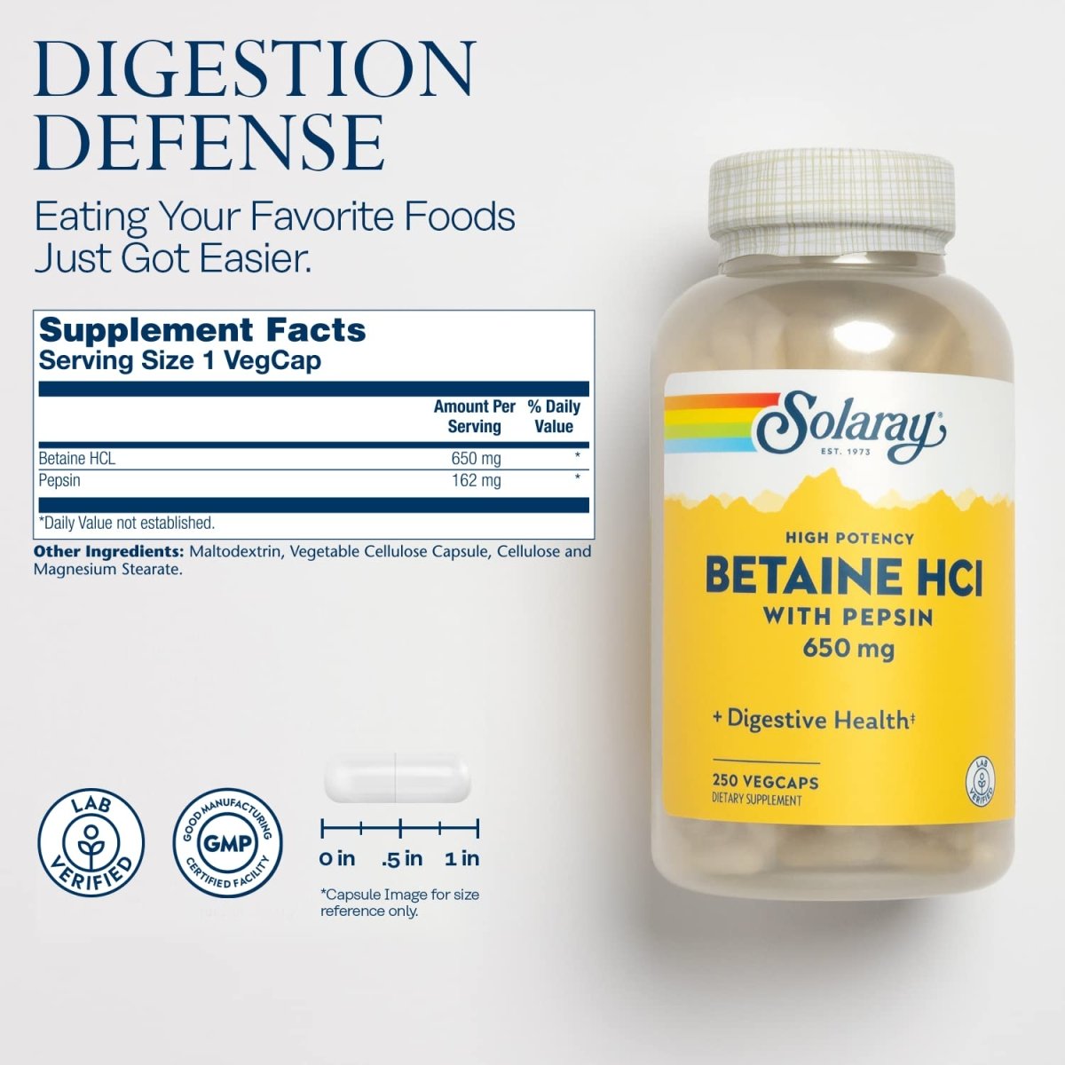 Solaray High Potency Betaine HCL with Pepsin - 250 VegCaps   04815