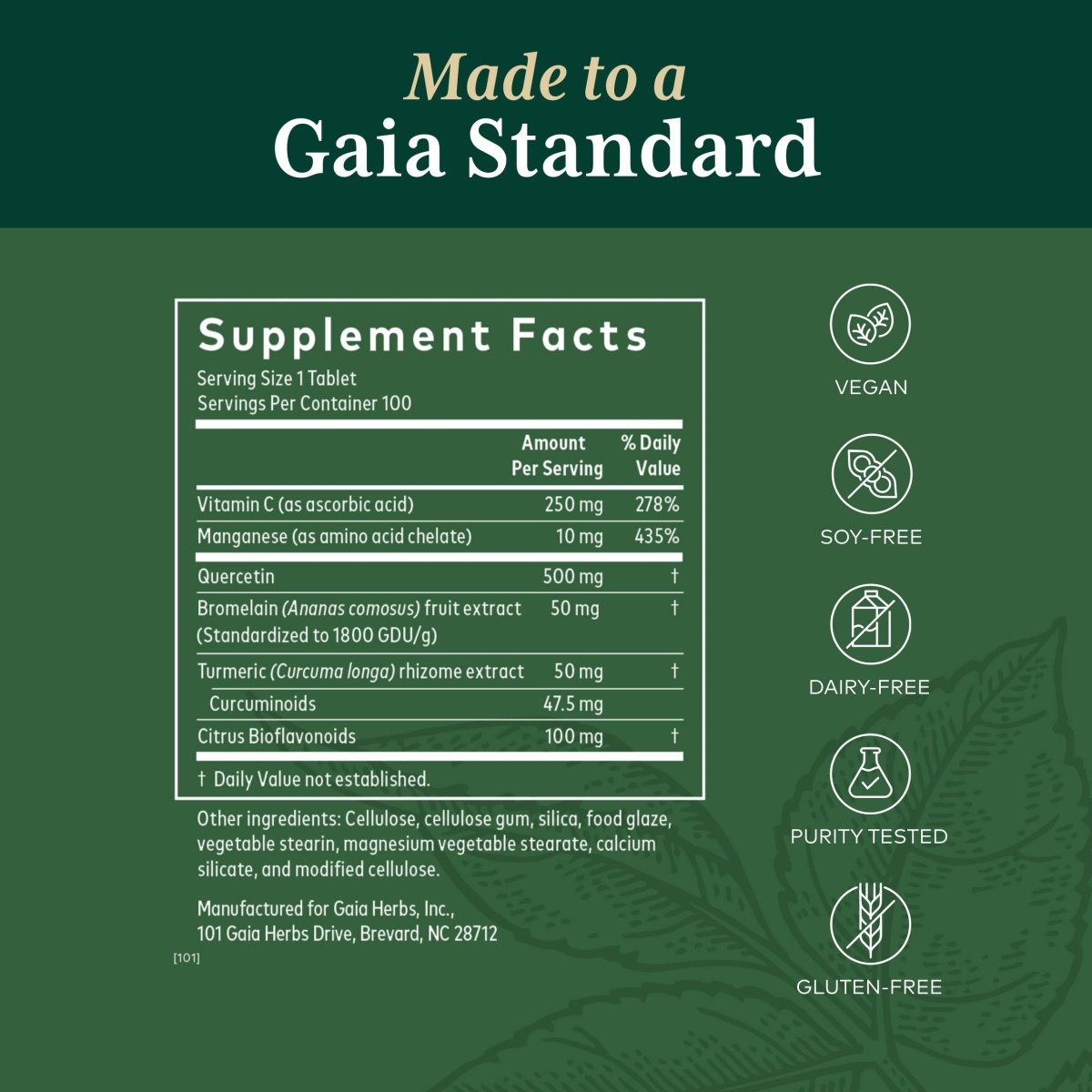 Gaia PRO Quercetin Synergy 500-  100 Vegan Tablets (100 Servings)