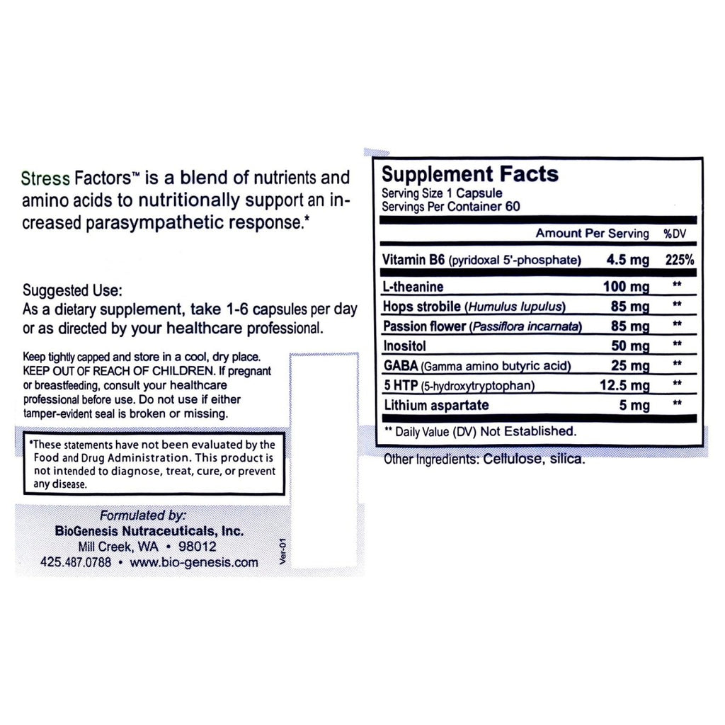 Nutra BioGenesis Stress Factors - 120 Caps - Vitamin B6, Lithium and GABA to Help Support Stress Response and Mental Health - 60 Capsules